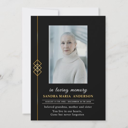 Elegantes flat Black Foto Memorial Program Dankeskarte (Vorderseite)