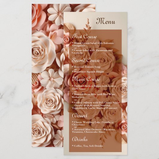 Elegantes Flat Wedding Menu mit Blume 3D Menükarte (Vorne/Hinten)