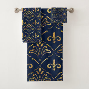 Elegantes Fleur-de-lis-Muster - Gold und tiefblau Badhandtuch Set