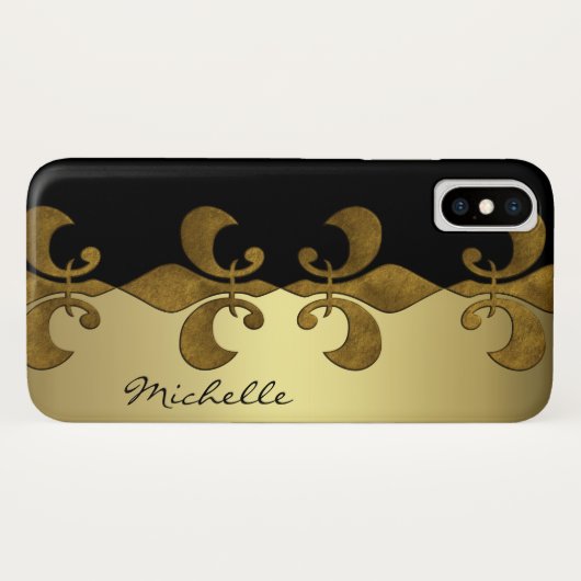 Elegantes Fleur-de-lis-Schwarz-Gold-Monogramm Case-Mate iPhone Hülle (Rückseite (Horizontal))