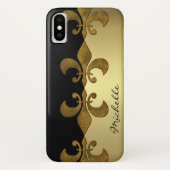 Elegantes Fleur-de-lis-Schwarz-Gold-Monogramm Case-Mate iPhone Hülle (Rückseite)
