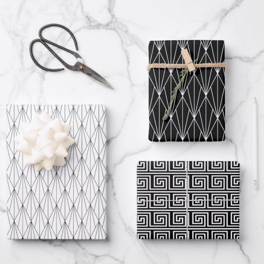 elegantes Fliesenmuster aus Schwarz-weißem Deko Geschenkpapier Set (Vorderseite)