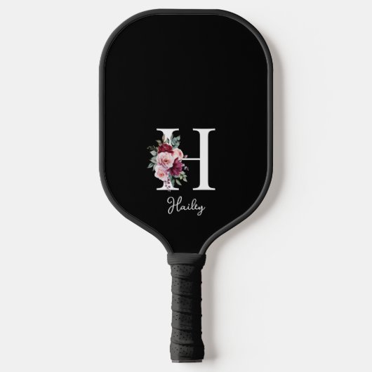 Elegantes Floral Anfangsname Monogramm Pickleball Schläger (Vorderseite)