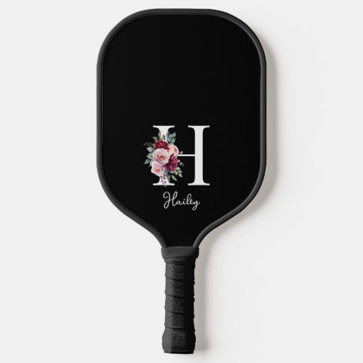 Elegantes Floral Anfangsname Monogramm Pickleball Schläger (Rückseite)