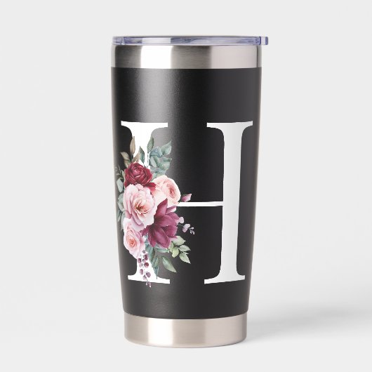 Elegantes Floral Anfangsname Monogramm Thermobecher (Links)