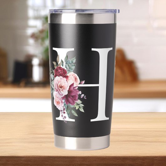 Elegantes Floral Anfangsname Monogramm Thermobecher