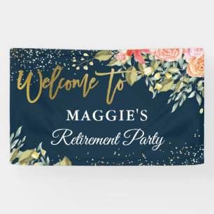 Elegantes Floral Blue Gold Retirement Party Banner