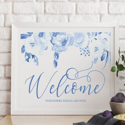 Elegantes Floral Dusty Blauer Begrüßungszeichen Poster