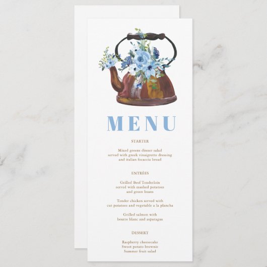 Elegantes floral Dusty Blue Brautparty Tee Party Menükarte (Vorne/Hinten)