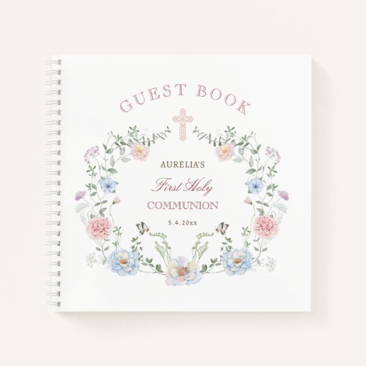 Elegantes Floral Frame First Communion Gästebuch Notizblock (Vorderseite)