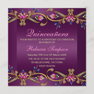 Elegantes Floral Gem Lila/Black Quinceñera Einladu Einladung