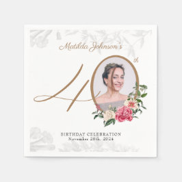Elegantes Floral Gold Custom Foto 40. Geburtstag Serviette