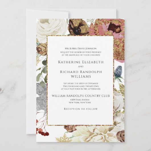 Elegantes Floral & Gold Ein Ort für Hochzeiten Einladung (Vorderseite)