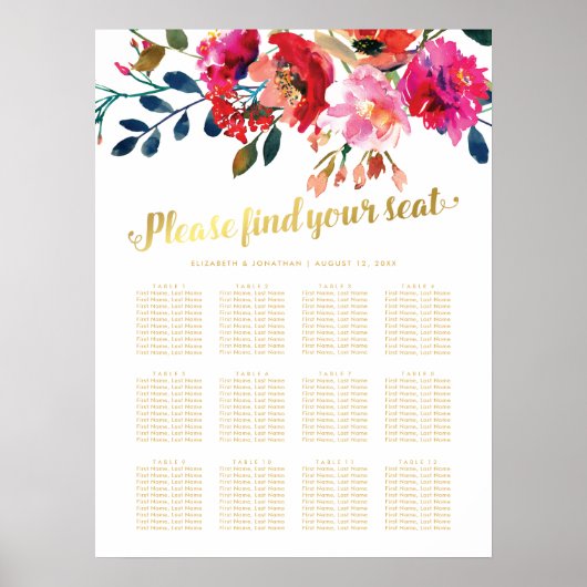 Elegantes Floral Gold Hochzeit 12 Tabelle Seating  Poster (Vorne)