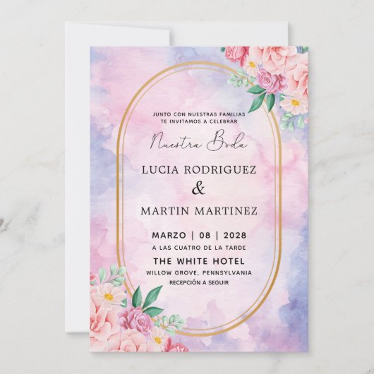 Elegantes Floral Gold Lila Wasserfarben Nuestra Bo Einladung (Vorderseite)