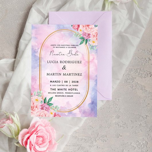 Elegantes Floral Gold Lila Wasserfarben Nuestra Bo Einladung