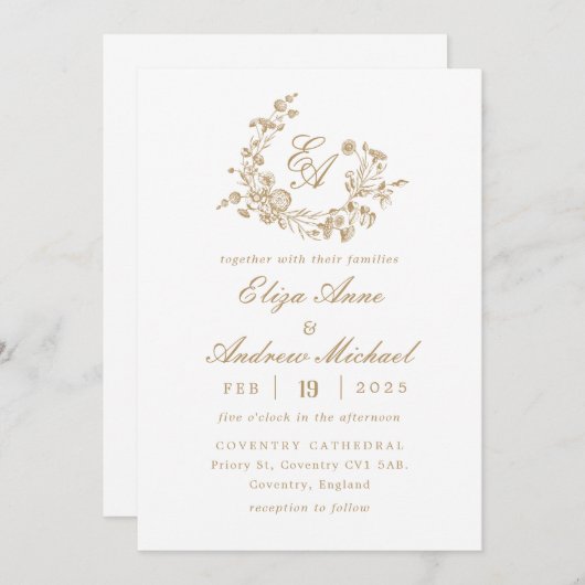 Elegantes Floral Gold Monogram Wappen Hochzeit Einladung (Vorne/Hinten)