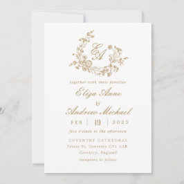 Elegantes Floral Gold Monogram Wappen Hochzeit Einladung