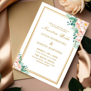 Elegantes Floral Gold Rahmen White Nuestra Boda Einladung