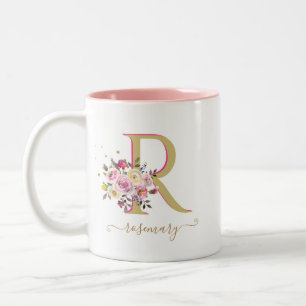 Elegantes Floral Gold Rosa IHRER Monogramm Name Zweifarbige Tasse
