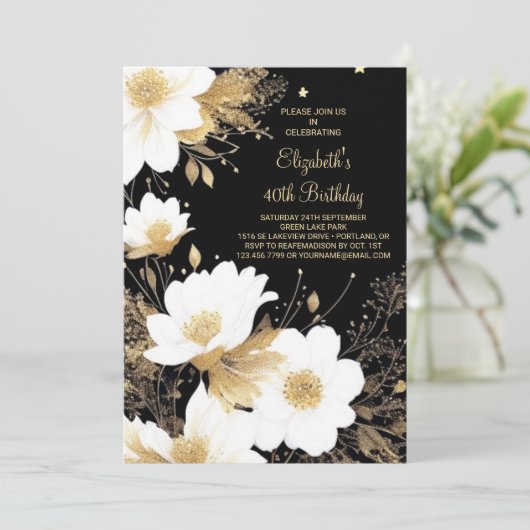 Elegantes Floral Gold und Black Online 40. Geburts Einladung (Stehend Vorderseite)