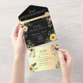 Elegantes Floral Gold und Black Wedding All In One Einladung