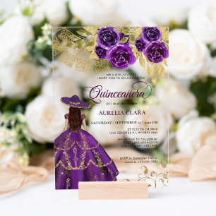 Elegantes floral lila Veilchen Charra Quinceañera Acryleinladungen
