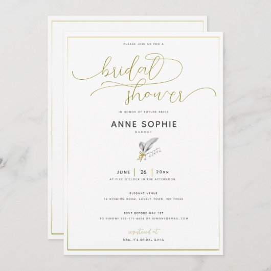 Elegantes Floral Lily Gold Calligraphy Brautparty Einladung (Vorne/Hinten)