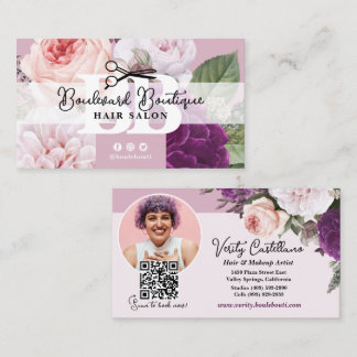 Elegantes Floral Mauve Hair Salon Stylist Foto QR Visitenkarte