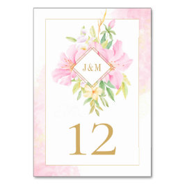 Elegantes Floral Monogramm Aquarell Rosa Grün Tischnummer