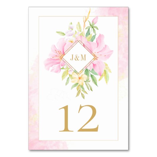 Elegantes Floral Monogramm Aquarell Rosa Grün Tischnummer (Vorderseite)