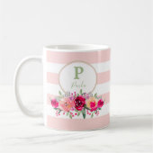 Elegantes Floral Monogramm auf rosa Streifen Kaffeetasse (Links)