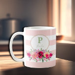 Elegantes Floral Monogramm auf rosa Streifen Kaffeetasse<br><div class="desc">Die blass-rosa Farbtöne, das Cerise-Rosa, das Fuchsienrosa bis Marsala-Rosa, das Blumendesign in den Aquarellen auf der rosa Limonade und den weißen Streifen. ENTFERNEN Sie weiße Streifen oder ändern Sie die Farben der Streifen und rosa Hintergrund zu Farbe. Alle Texte, Schriftart, Farben, Größen können geändert werden, klicken Sie einfach auf den...</div>