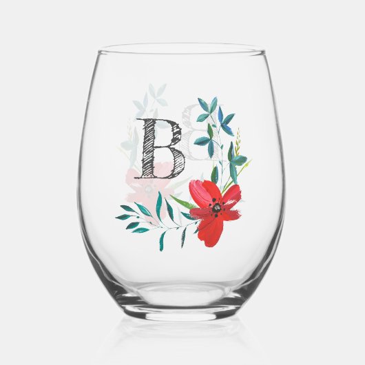 Elegantes Floral Monogramm Weinglas Ohne Stiel (Vorderseite)