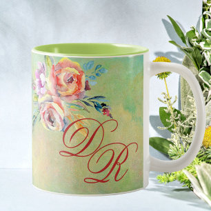 Elegantes Floral Monogramm Zweifarbige Tasse