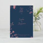 Elegantes Floral Navy Blue & Rose Gold Save the Da Einladung (Stehend Vorderseite)