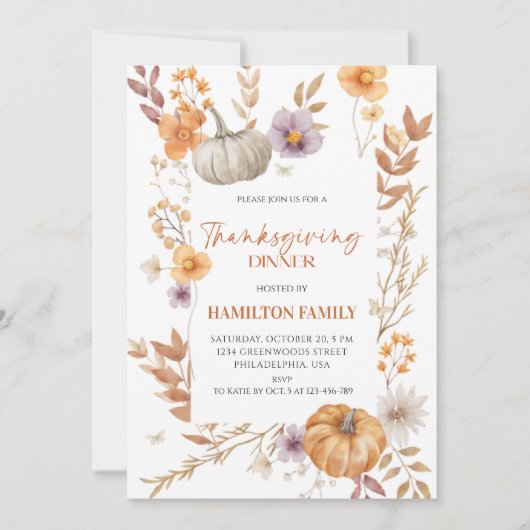 Elegantes Floral Pumpkin Erntedank Dinner Einladung (Vorderseite)