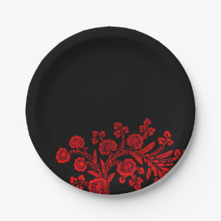 Elegantes Floral Schwarz und Rot Pappteller