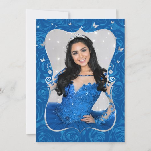 Elegantes Floral Silver Royal Blue Quinceanera Fot Einladung (Rückseite)