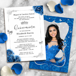 Elegantes Floral Silver Royal Blue Quinceanera Fot Einladung