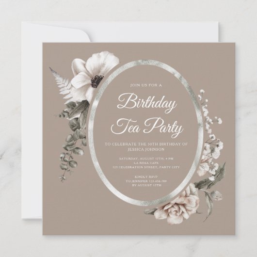 Elegantes Floral Taupe Birthday Tea Party Einladung (Vorderseite)