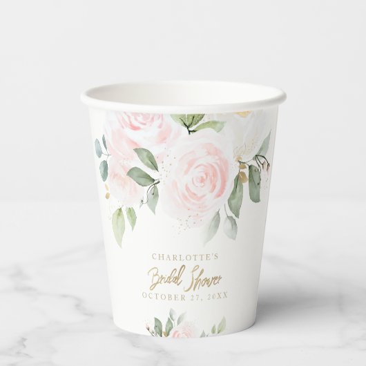 Elegantes Floral Watercolor Gold Brautparty Pappbecher (Rückseite)