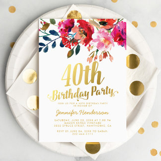 Elegantes Floral White Gold 40. Geburtstag Party Einladung