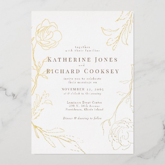 Elegantes Floral White Wedding Gold Folieneinladung (Vorderseite)