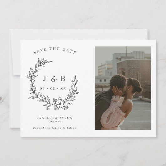 Elegantes Floral Wreath Monogramm-Foto Save The Date (Vorderseite)