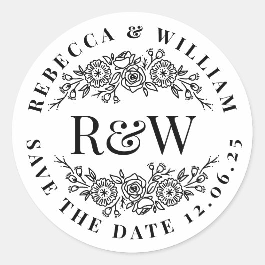 Elegantes Floral Wreath Monogramm Save the Date Runder Aufkleber (Vorderseite)