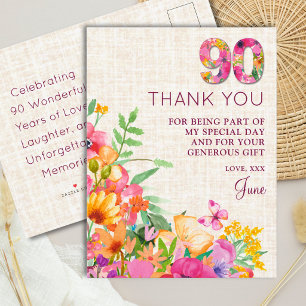 Elegantes Florales 90. Geburtstags-Dankeschön für Ankündigungspostkarte