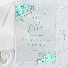Elegantes Florales Aqua Silber Save-the-Date Acryleinladungen