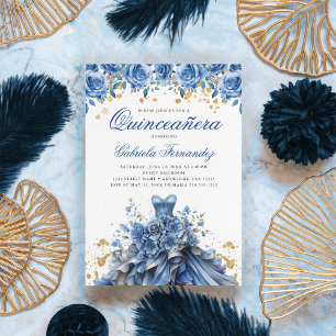 Elegantes Florales Blaues Quinceanera-Kleid Einladung