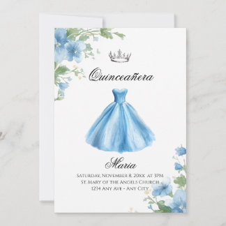 Elegantes Florales Blaues Quinceañera-Wasserfarben Einladung